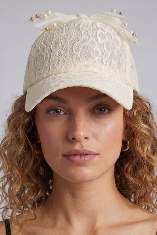 Bow Top Lace Cap With Embellished Detail in Cream