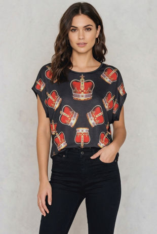 Crown Print Stud Detailed Baggy Tops