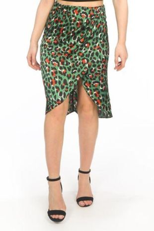Green Satin Leopard Print Wrap Midi Skirt