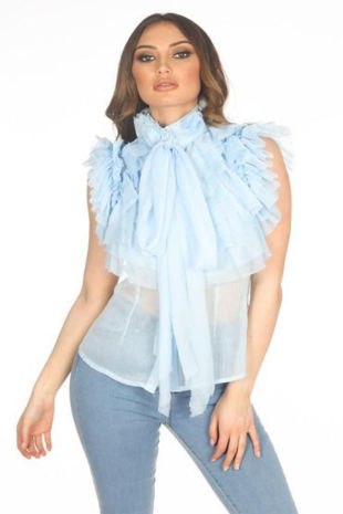 Ice Blue Sleeveless Frilled Sheer Pussy Bow Blouse
