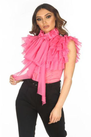 Fuchsia Sleeveless Frilled Sheer Pussy Bow Blouse