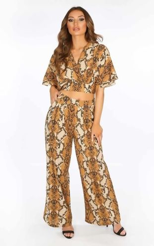 Snake Print Wrap Top & Wide Leg Trousers Set