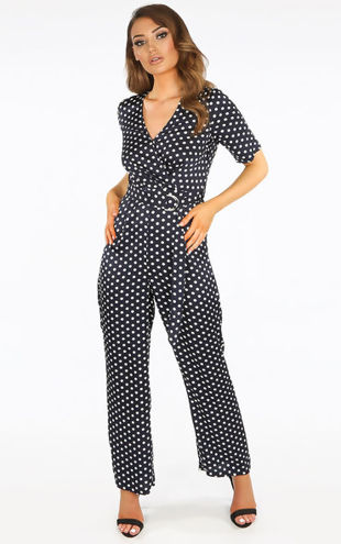 Navy Polka Dot Belted Jumpsuit