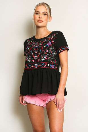 Short Sleeve Embroidered Chiffon Top In Black