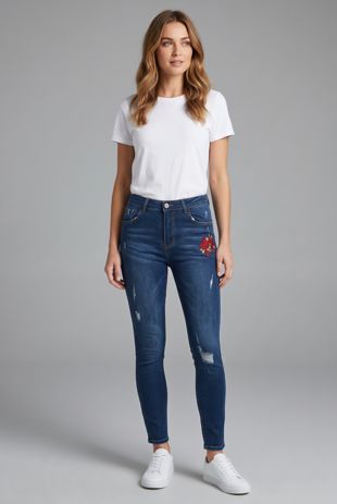  Blue Embroidered Shredded Skinny Jeans