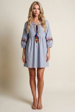 Blue Striped Embroidery Shift Dress
