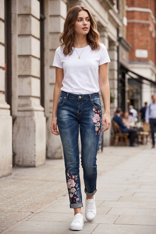 Blue Turn-up Jeans with Flower Applique Detail