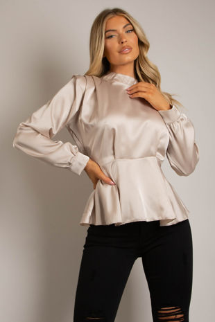 Beige Satin High Neck Peplum Top-Copy