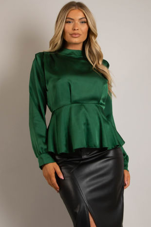 Green Satin High Neck Peplum Top