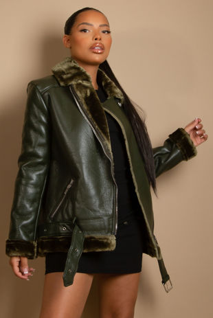 Khaki Faux Fur Collar Aviator Jacket