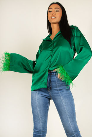 Green Satin Shirt With Ostrich Feather Cuff