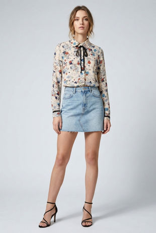 Beige Floral Print Pussybow Shirt