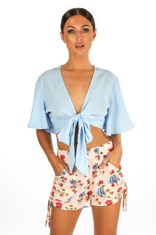 Ruched Side Floral Print Shorts In Pink