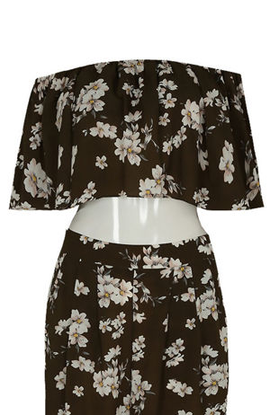 Floral Chiffon Off The Shoulder Crop Top In Khaki