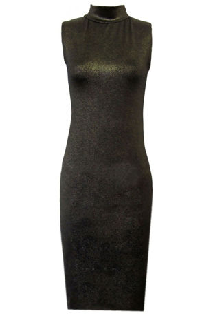 Gold Foil Sleeveless Turtle Neck Midi Dress