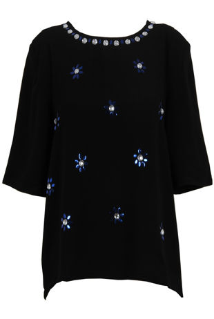 Black Front Stone Detailed 3/4 Sleeve Tops