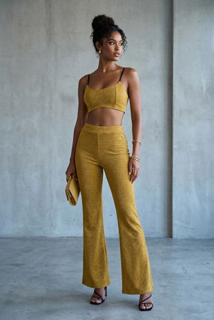 Gold Lurex Crop Top And Flare Trouser Set