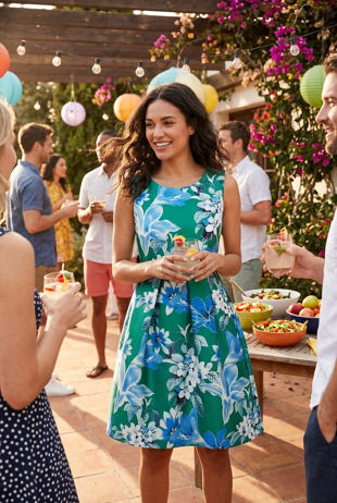 Green Floral Print Pleated Prom Dress