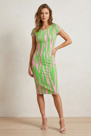 Neon Pink and Green Abstract Animal Print Cap Sleeve Midi Dress