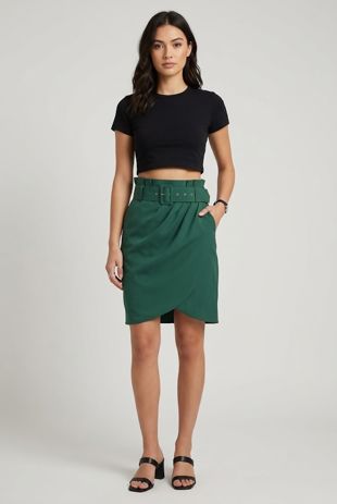 Green Belted Tailored Wrap Mini Skirt