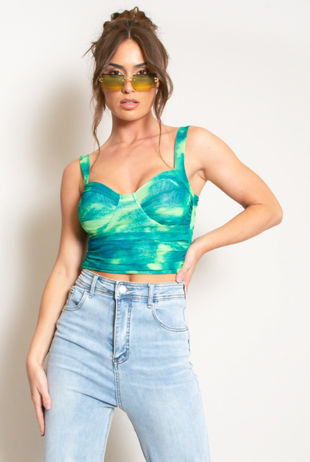 Green Ruched Tie Dye Print Crop Tops