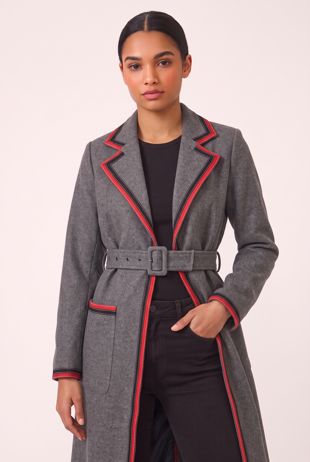 Wool Contrast Trim Belted Grey Overcoat