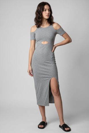 Grey Cold Shoulder Side Split Midi Dress