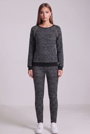 Grey Knitted Stud & Zip Detail Top & Pant Set
