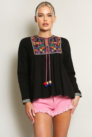 Embroidery Front Tie Up Top in Black 