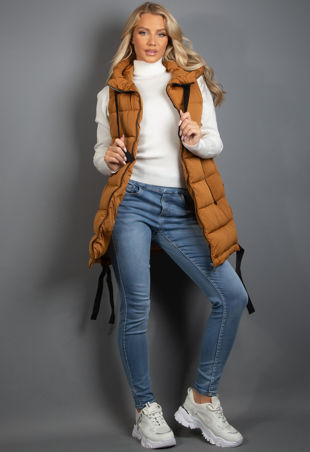 Camel Hooded Puffer Gilet With Webbing Detail