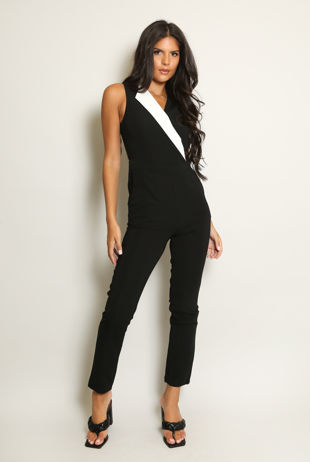 Contrast Lapel Jumpsuit In Black