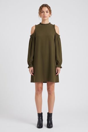 Khaki Cold Shoulder Back Button Up Shift Dress