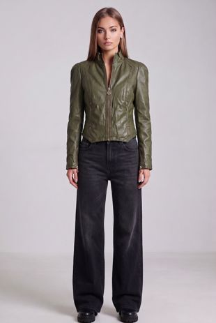 Khaki PVC Fitted Biker Jacket