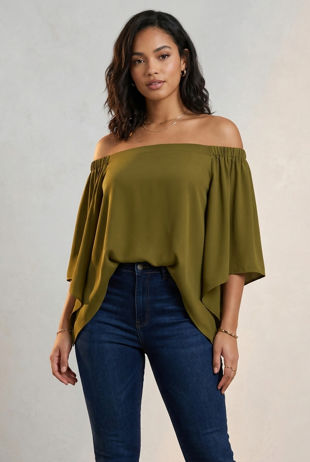 Khaki Off Shoulder Split Back Top