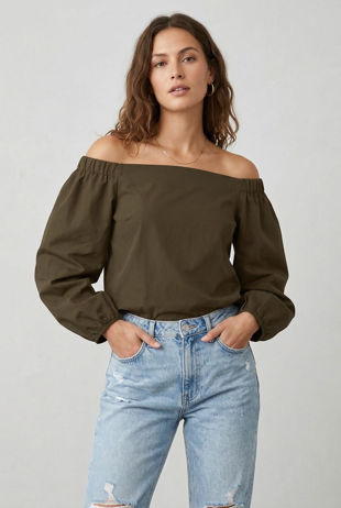 Khaki Off Shoulder Knot Sleeve Blouse