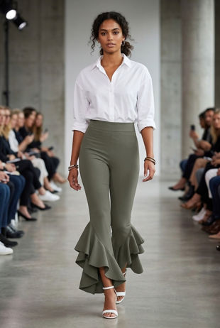 Fitted Crepe Draped Frill Hem Trouser In Grey