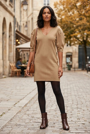Puff Sleeve Shift Dress in Camel