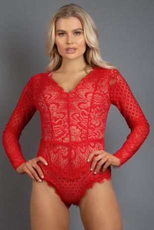 Red Scallop Lace Long Sleeve Bodysuit