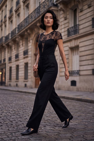 Black Floral Lace Back Zip Up Bodysuit 