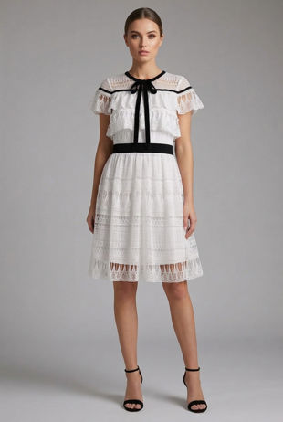 Crochet Mesh Insert Front Tie Up Day Dress in WHITE