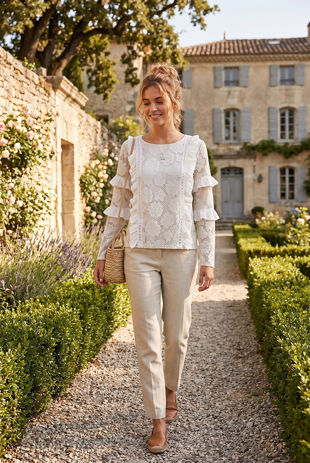 White Floral Lace Frill Trim Tops