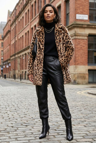 Brown Leopard Print Faux Fur Coat