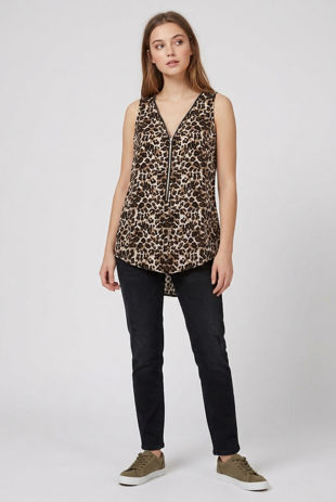 Beige Leopard Print Front Zip Up Detail Top 