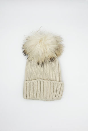 Beige Knitted Natural Fur Bobble Hat 