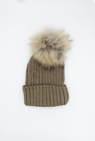 Taupe Knitted Natural Fur Bobble Hat