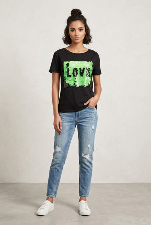Black Contrast Sequin LOVE Detail Tee