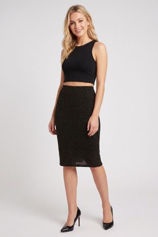 Lurex Grid Print Midi Skirt In Khaki