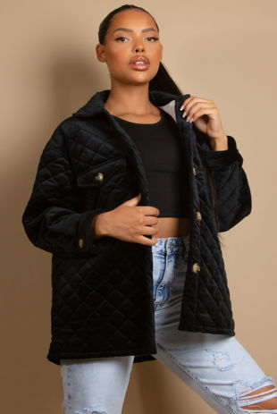 Black Quilted Button Front Jacket