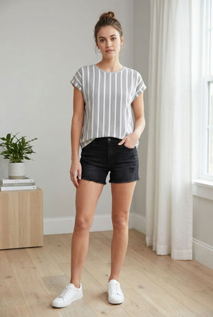 Black and White Straped Split Back Short Sleeves Top 