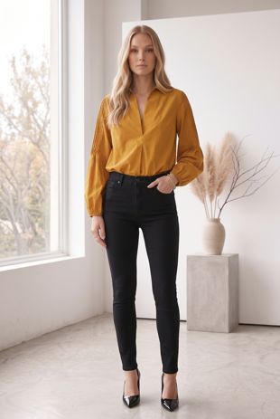 Mustard Front Low Neck Pleated Shirt Top